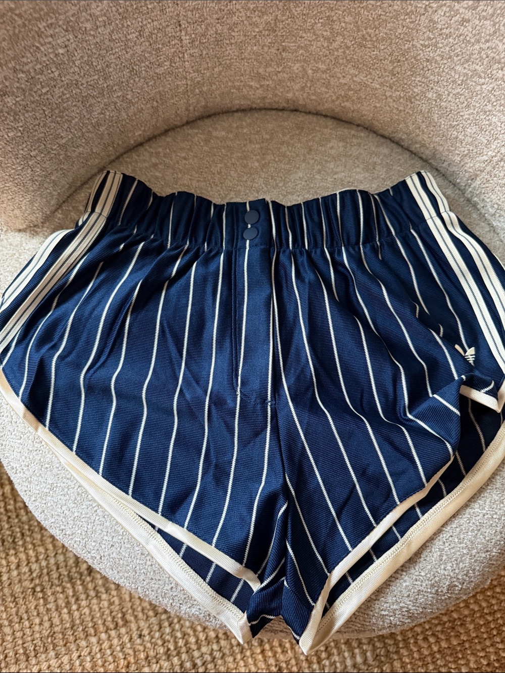 adidas Navy Pinstripe Athletic Shorts with Cream Trim - Picture 5 of 8